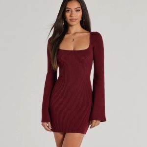 Seasonal Staple Ribbed Knit Bell Sleeve Mini Dress