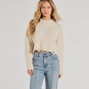 On-Trend Distressed Knit Mock Neck Sweater