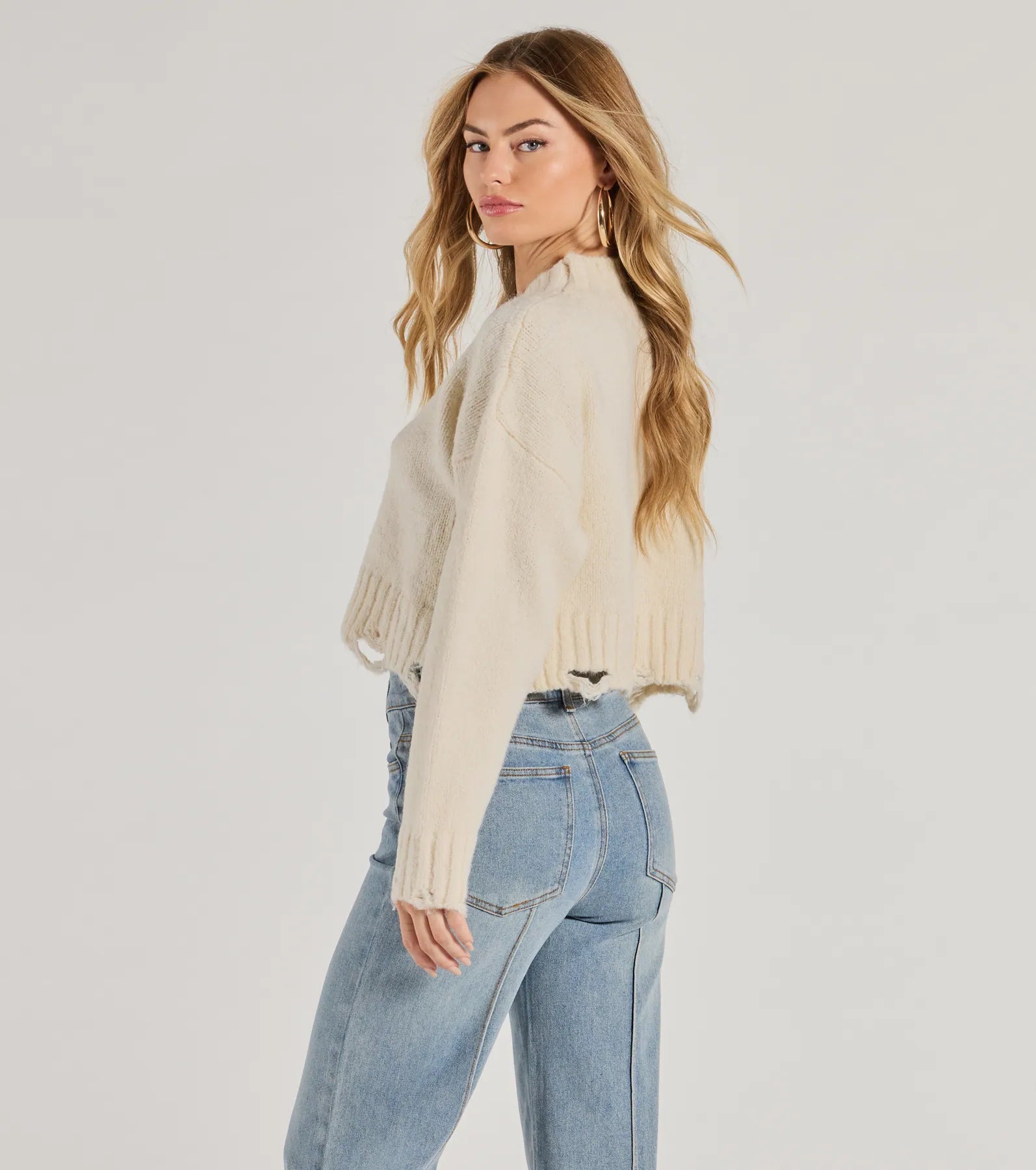 On-Trend Distressed Knit Mock Neck Sweater - Image 2