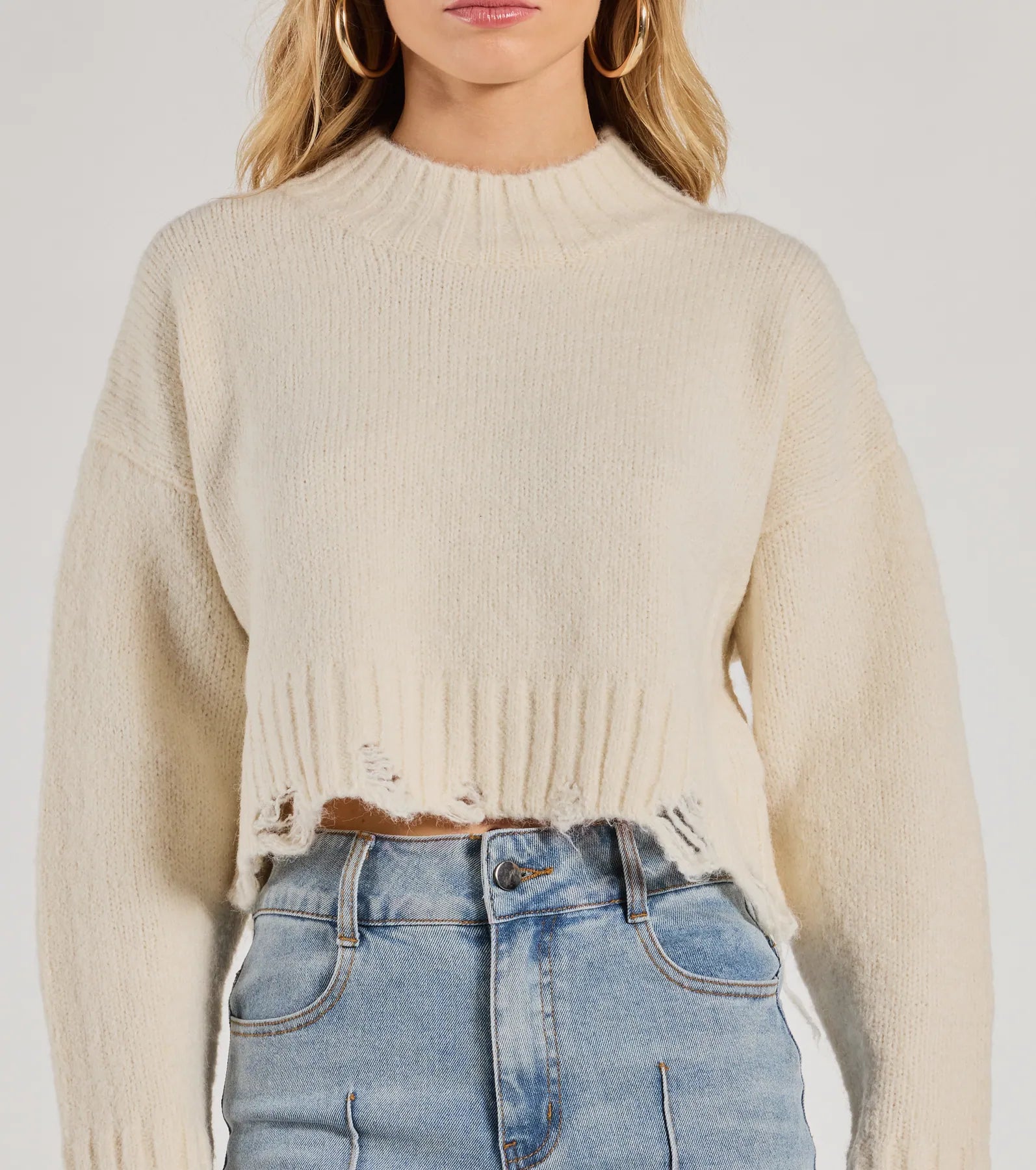 On-Trend Distressed Knit Mock Neck Sweater - Image 4