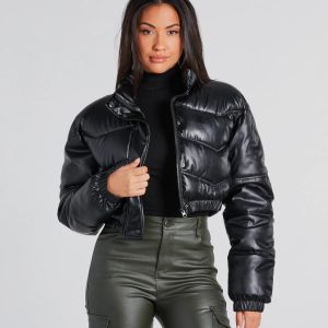 Slick Style Faux Leather Cropped Puffer Jacket