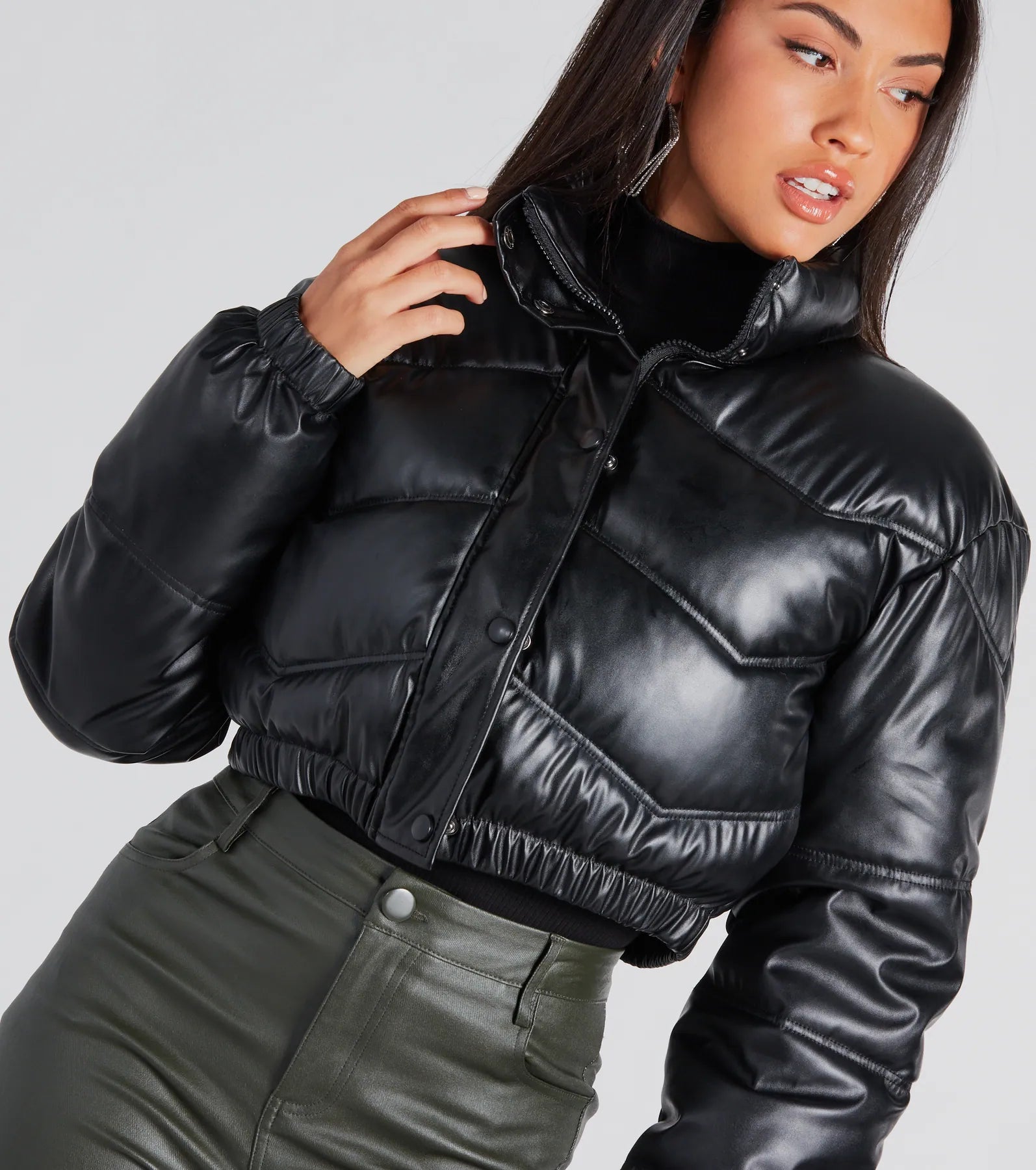 Slick Style Faux Leather Cropped Puffer Jacket - Image 3
