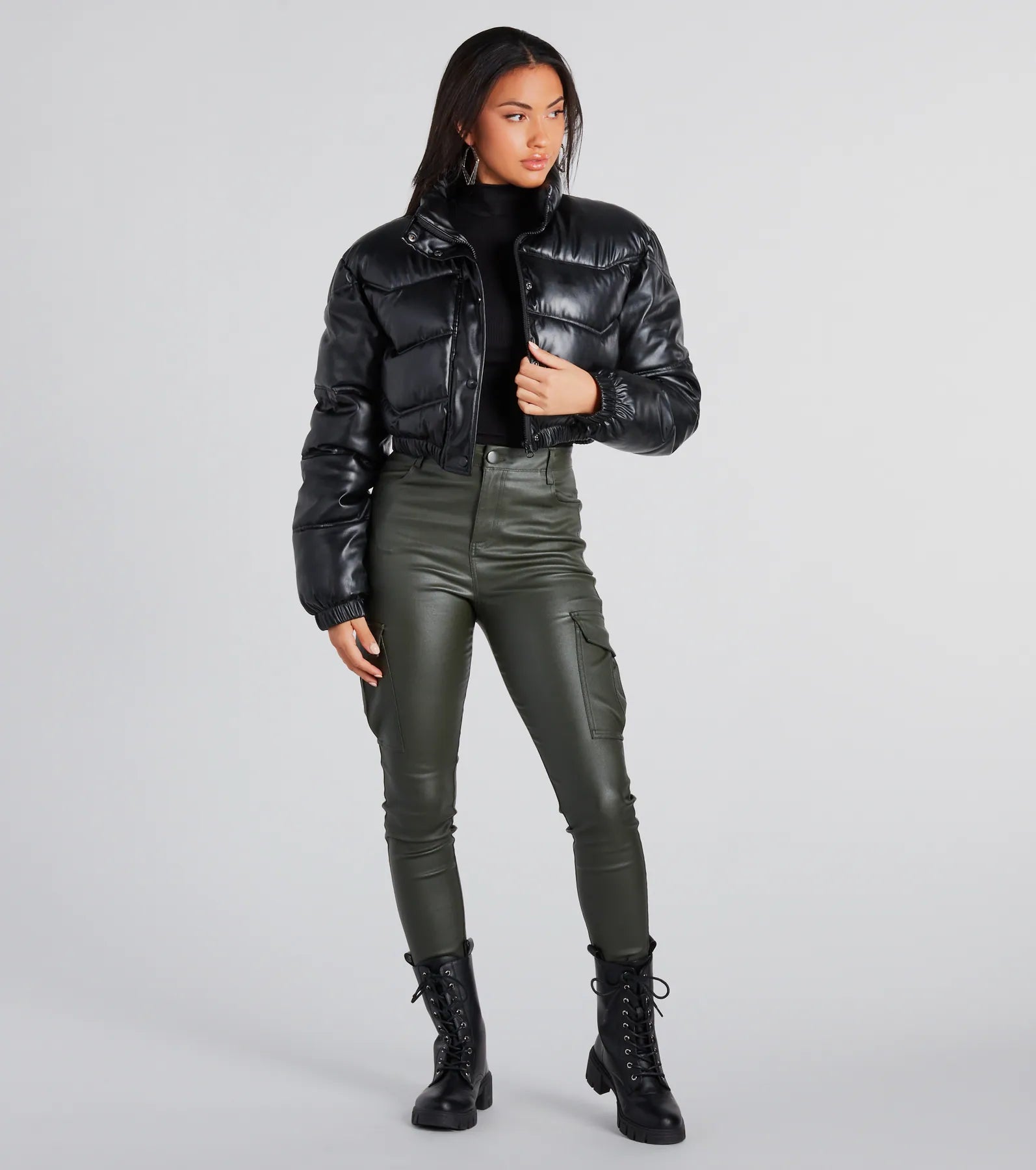Slick Style Faux Leather Cropped Puffer Jacket - Image 4