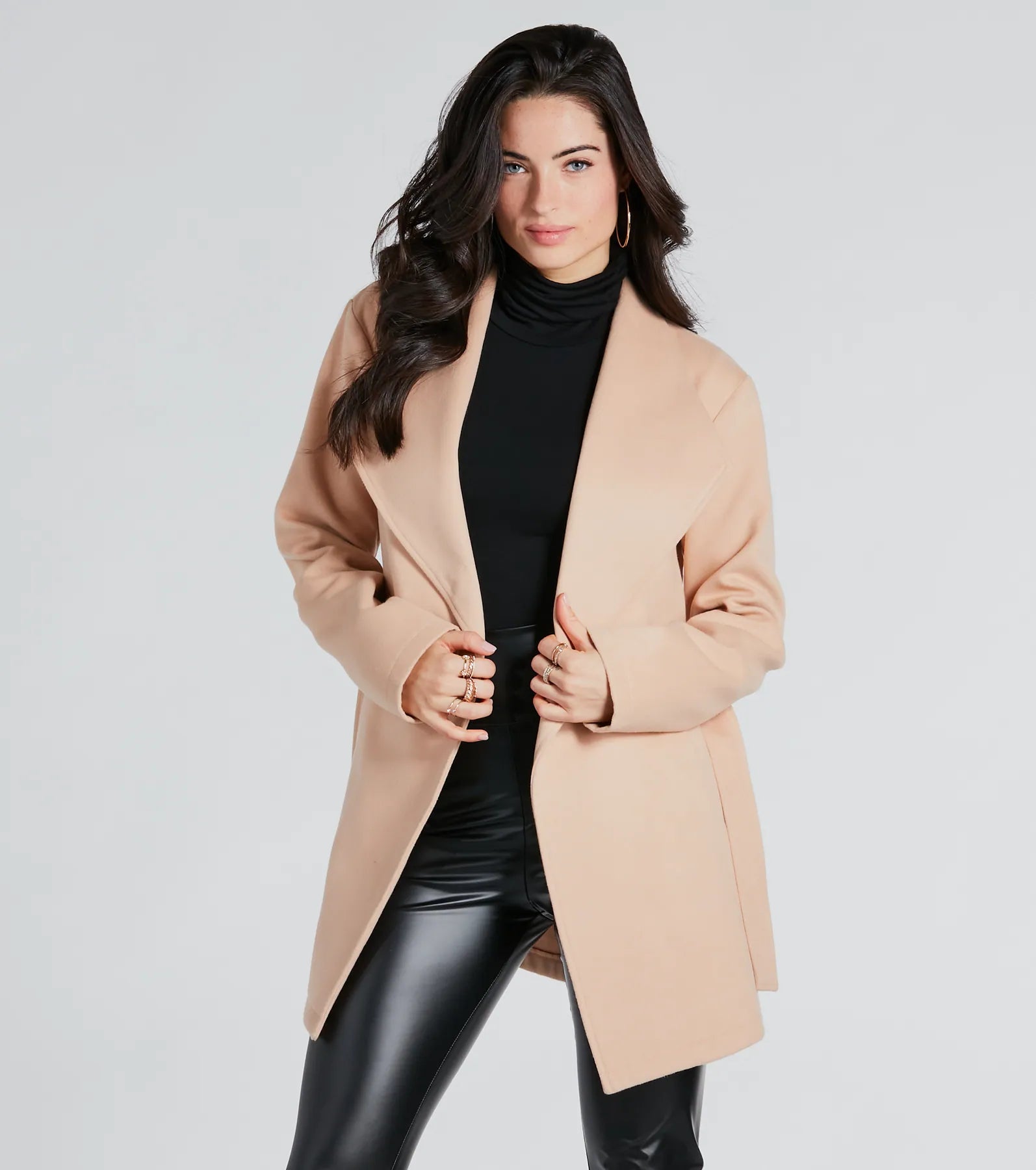 Trending Charm Faux Wool Belted Trench Coat - Image 5