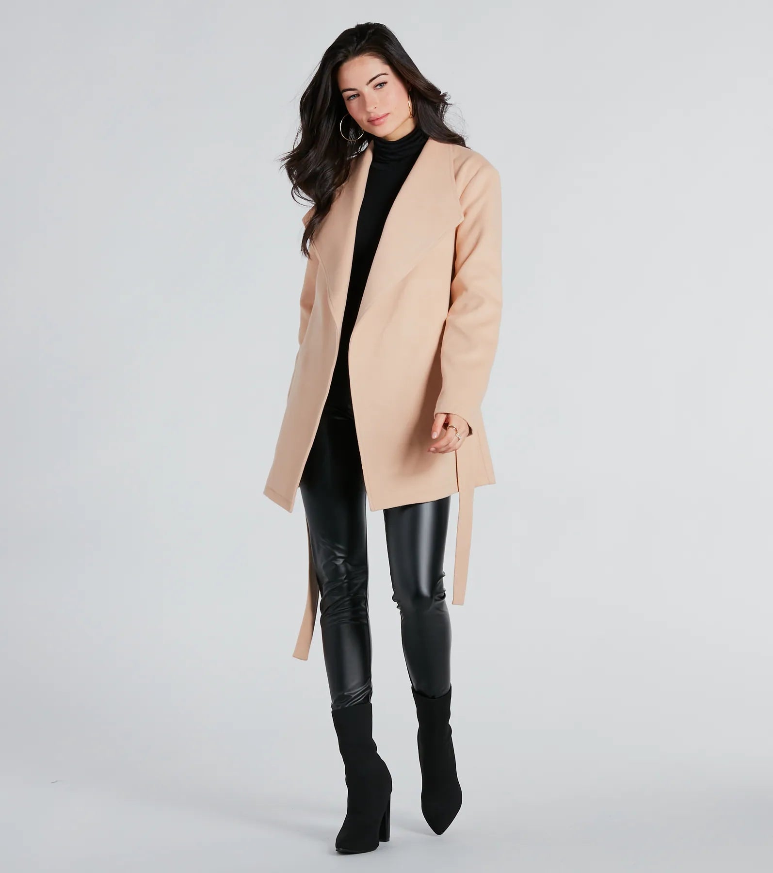 Trending Charm Faux Wool Belted Trench Coat - Image 7
