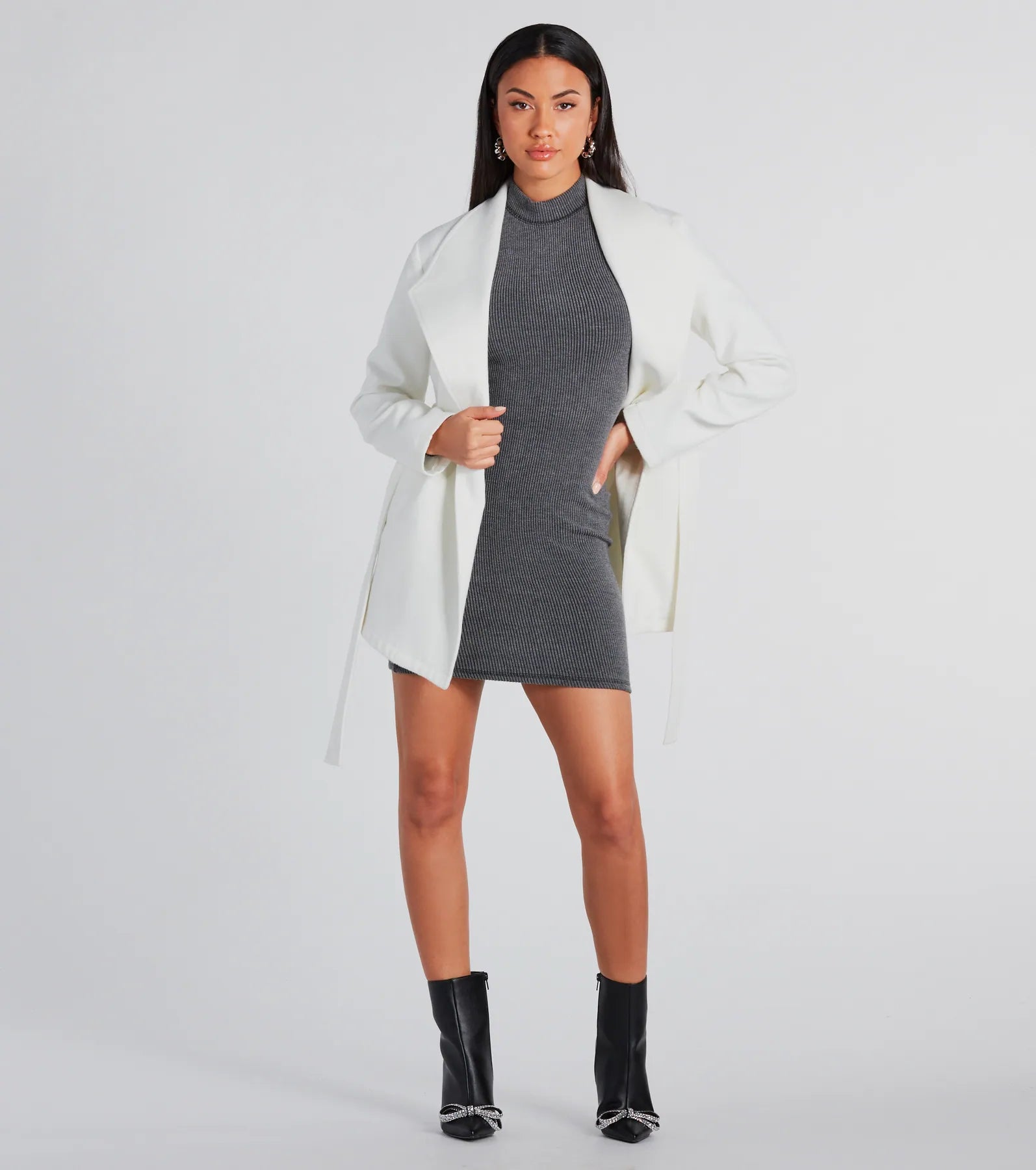 Trending Charm Faux Wool Belted Trench Coat - Image 3