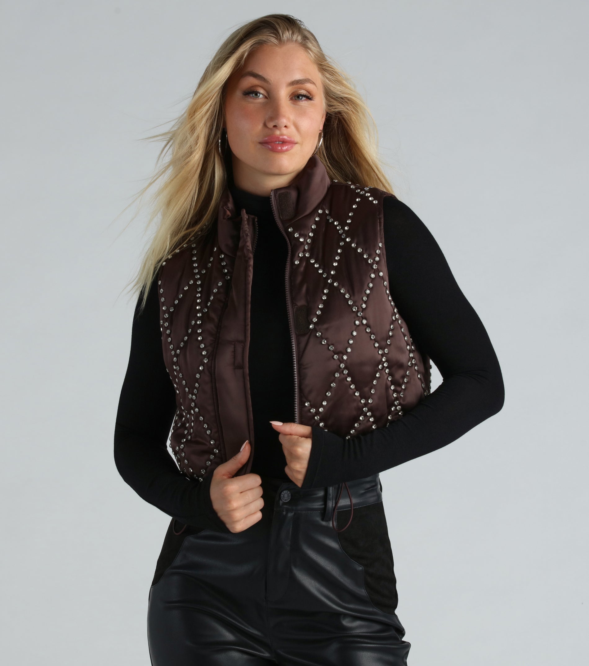 Winter Glamour Satin Rhinestone Puffer Vest - Image 5