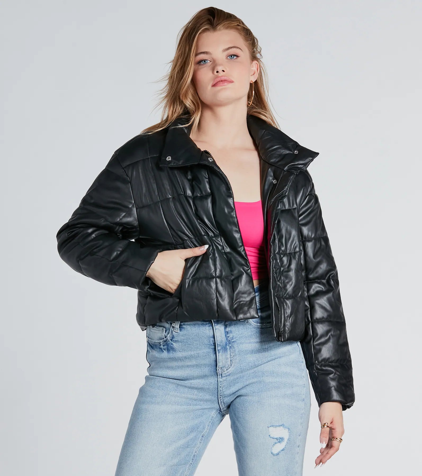 Sleek As Can Be Faux Leather Puffer Jacket - Image 5