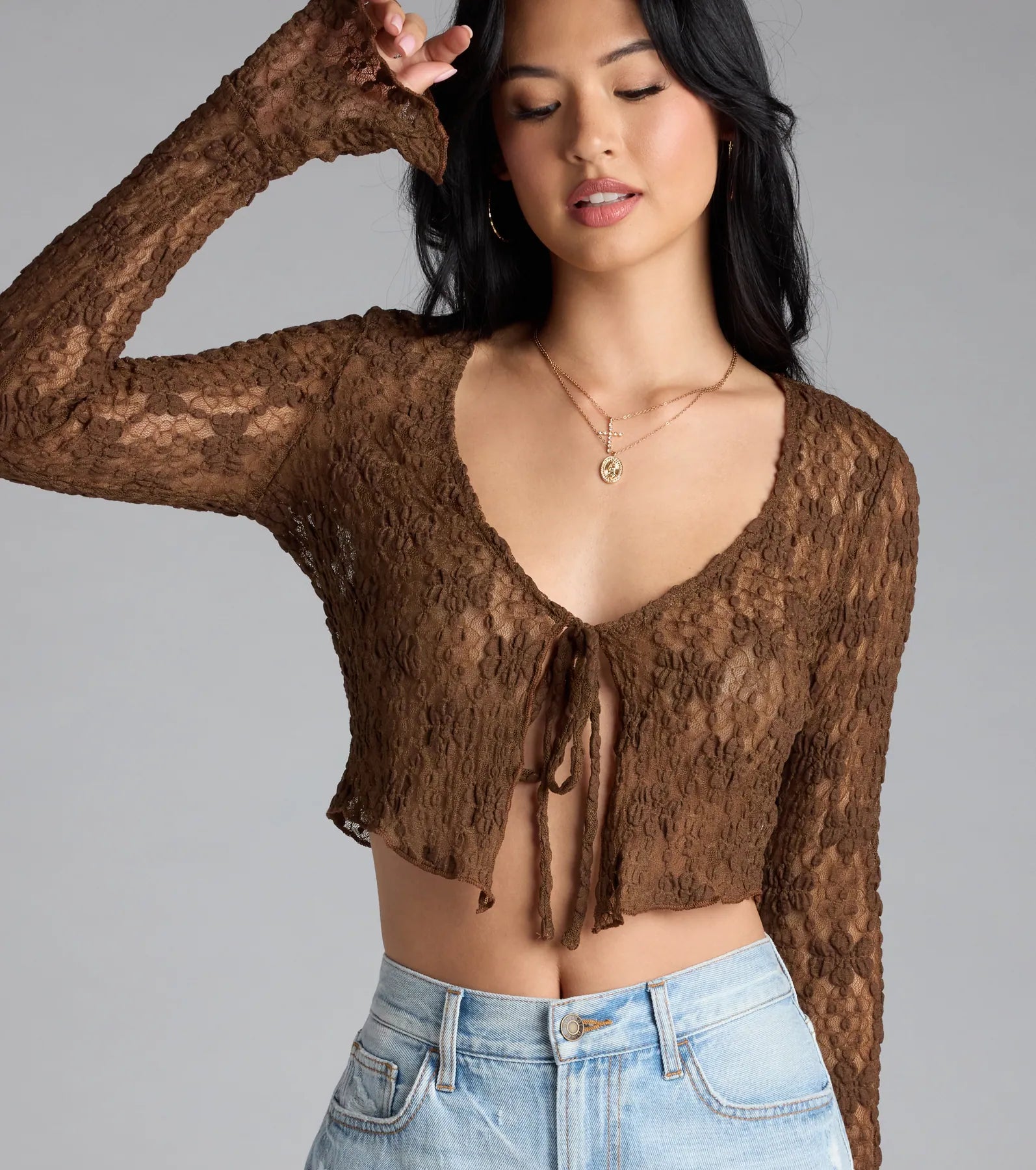 Breezy Sheer Lace Tie-Front Top - Image 4