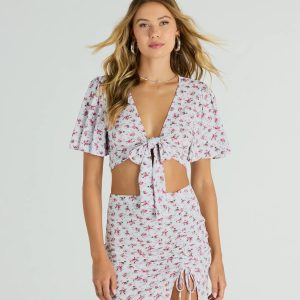 Sweet Flirt Flutter-Sleeve Ditsy Floral Tie-Front Top