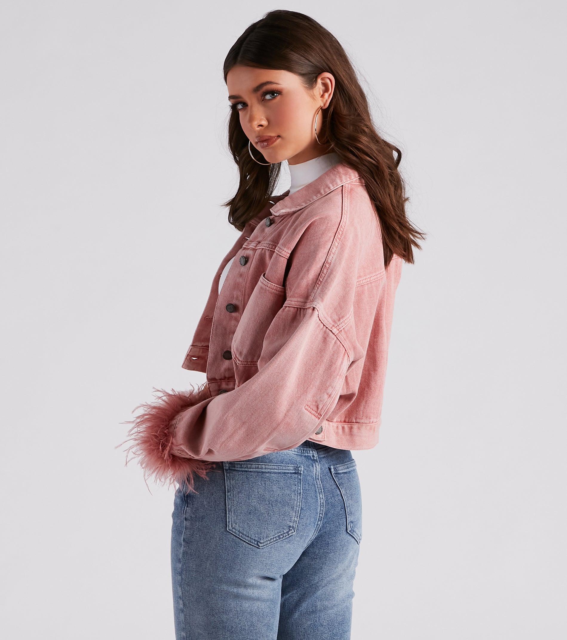Luxe Touch Marabou Denim Crop Jacket - Image 2