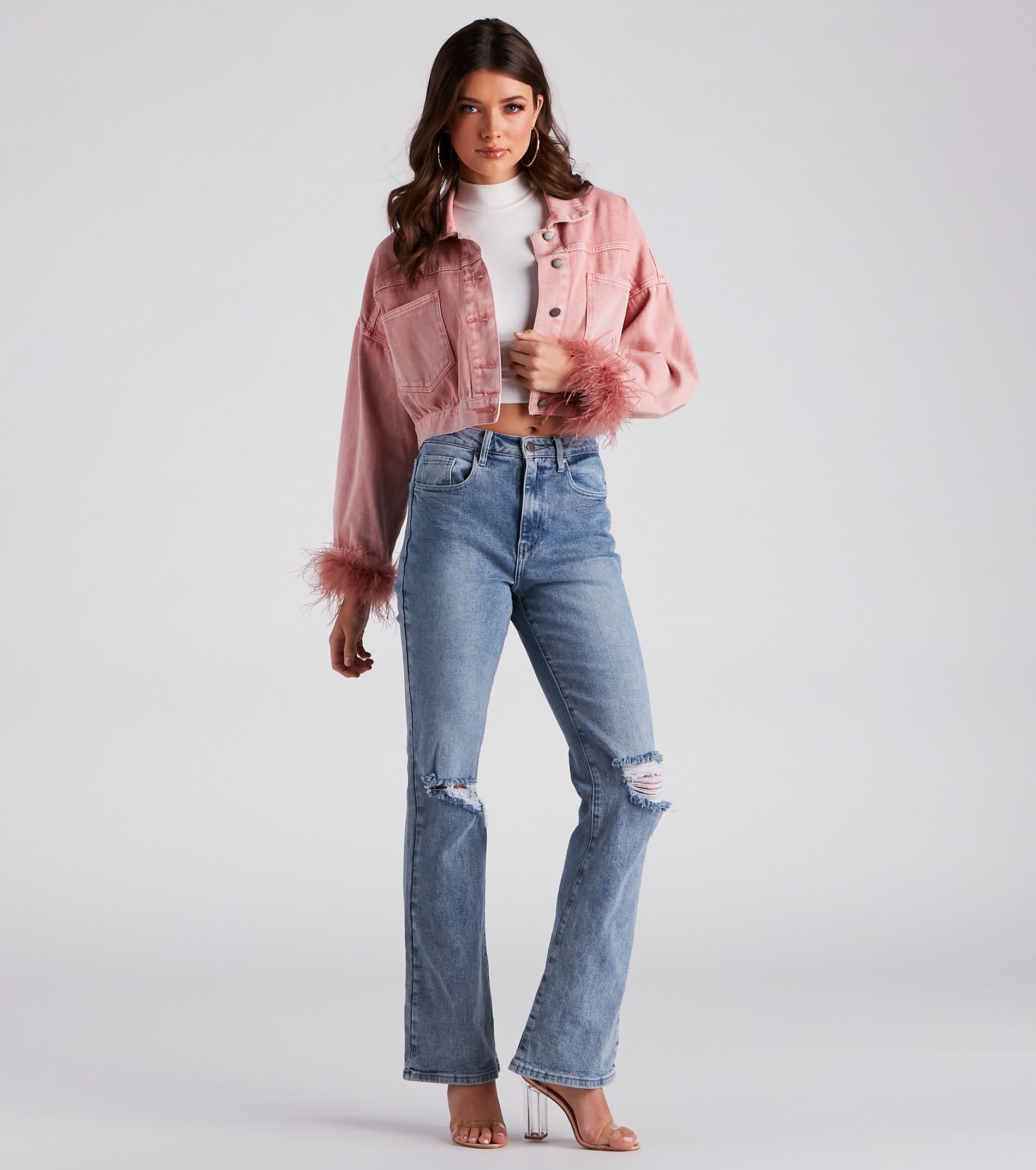 Luxe Touch Marabou Denim Crop Jacket - Image 3
