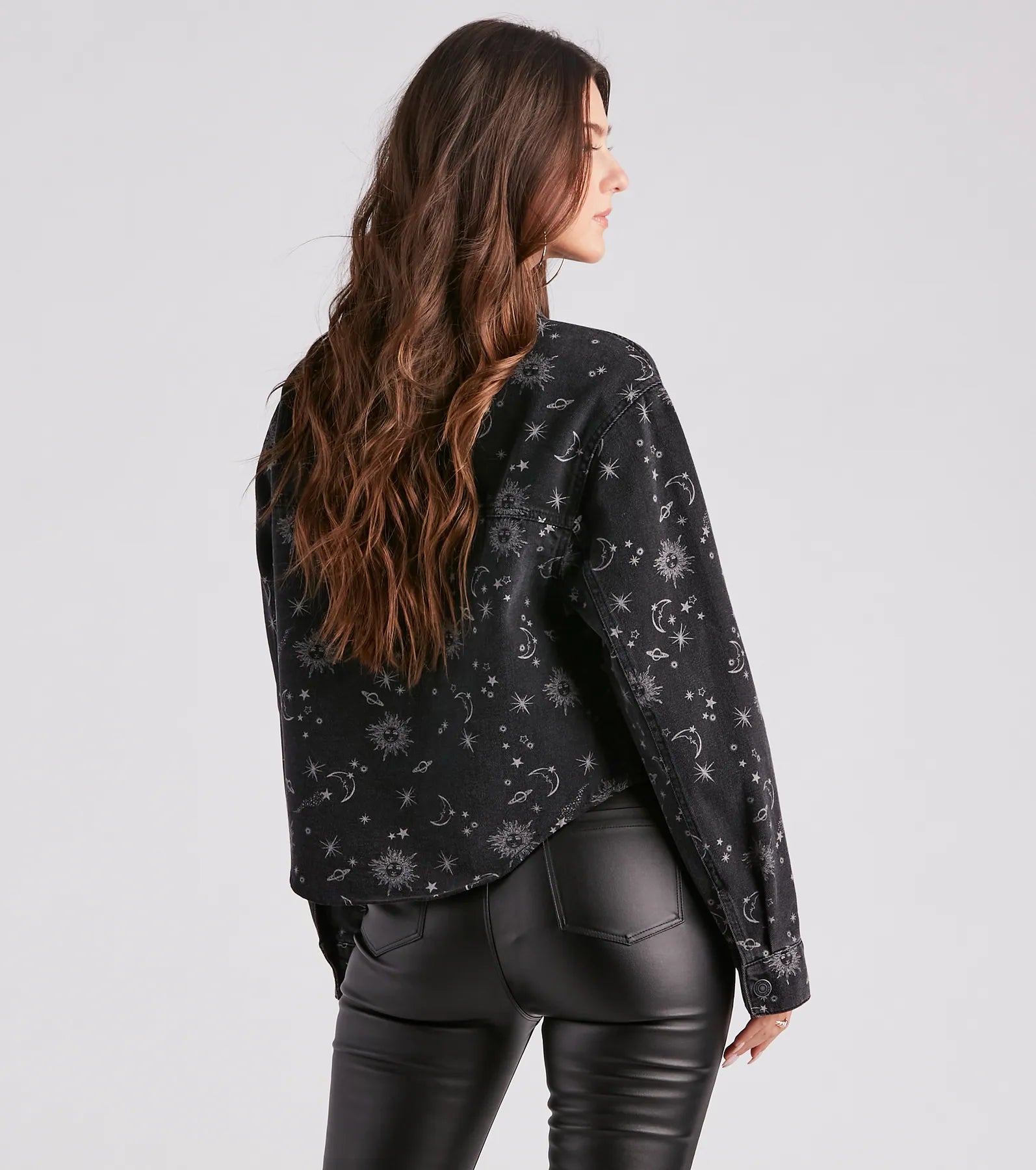 Dreamy Trendsetter Celestial Print Denim Shacket - Image 2