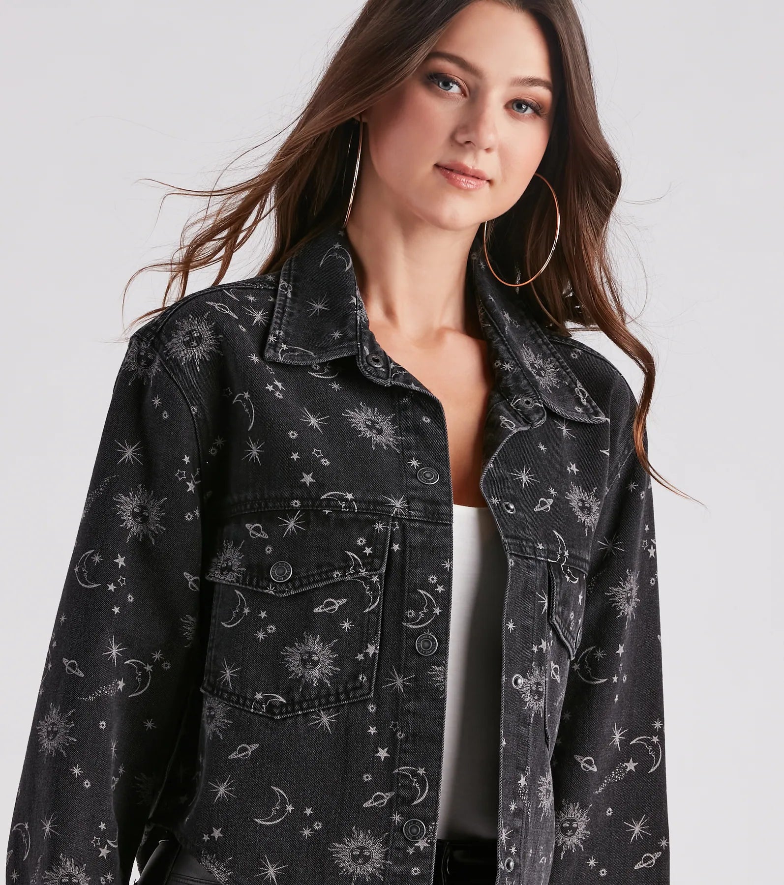 Dreamy Trendsetter Celestial Print Denim Shacket - Image 4