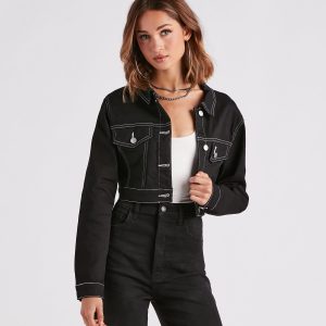 Make Way Contrast Stitch Crop Denim Jacket