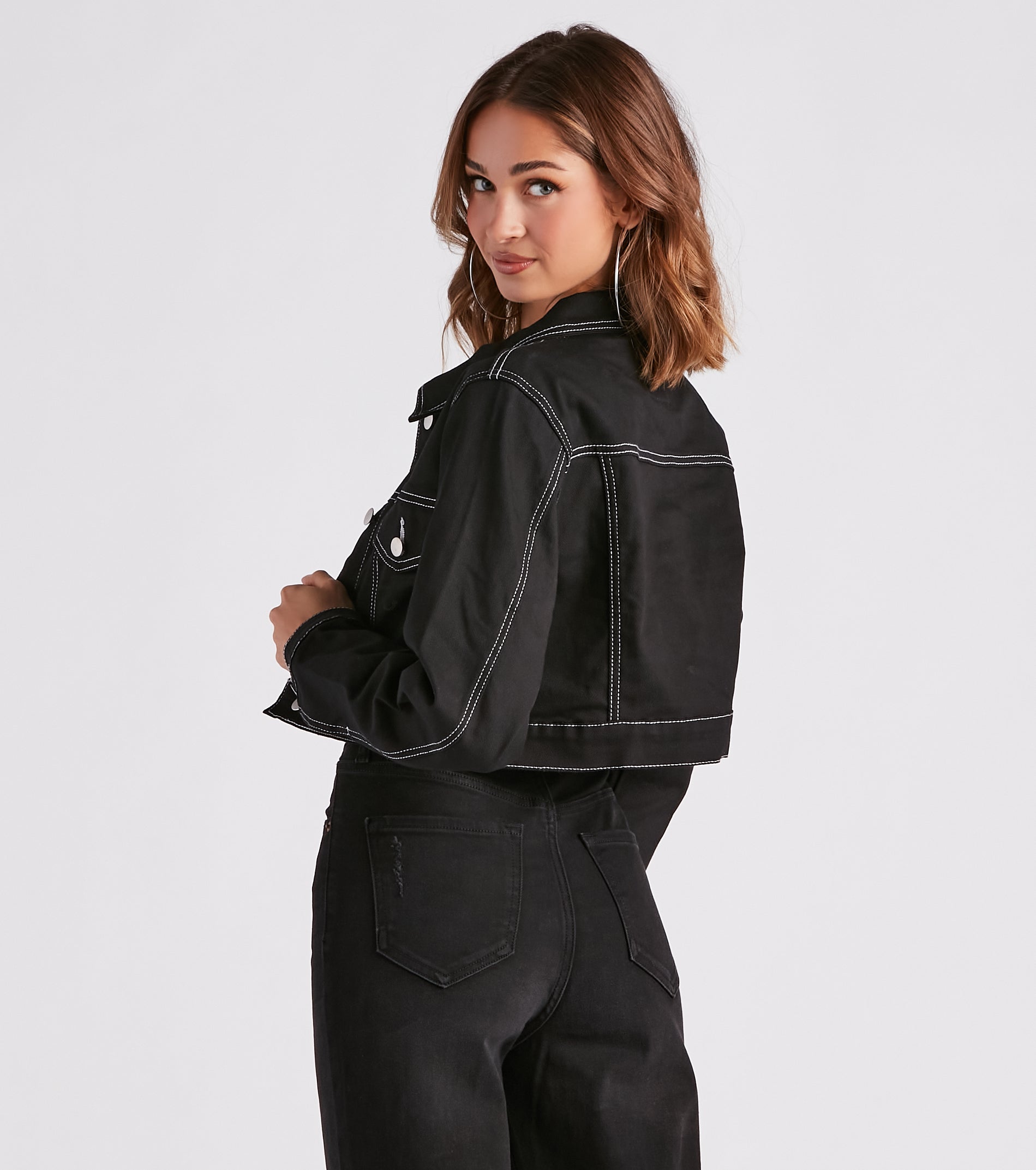 Make Way Contrast Stitch Crop Denim Jacket - Image 2