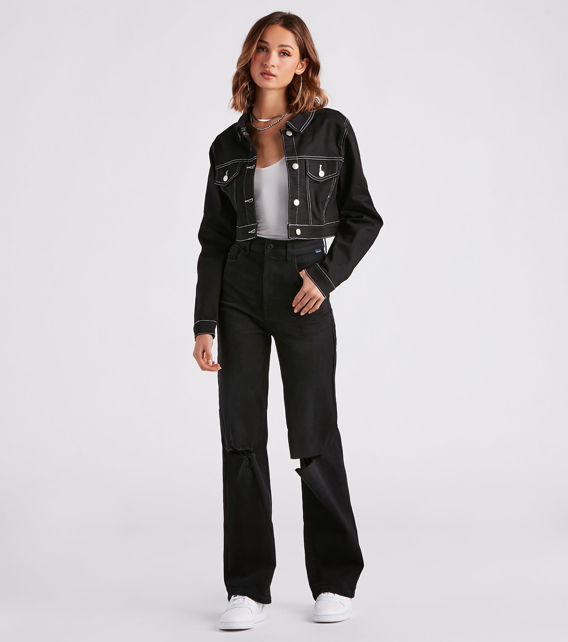 Make Way Contrast Stitch Crop Denim Jacket - Image 3