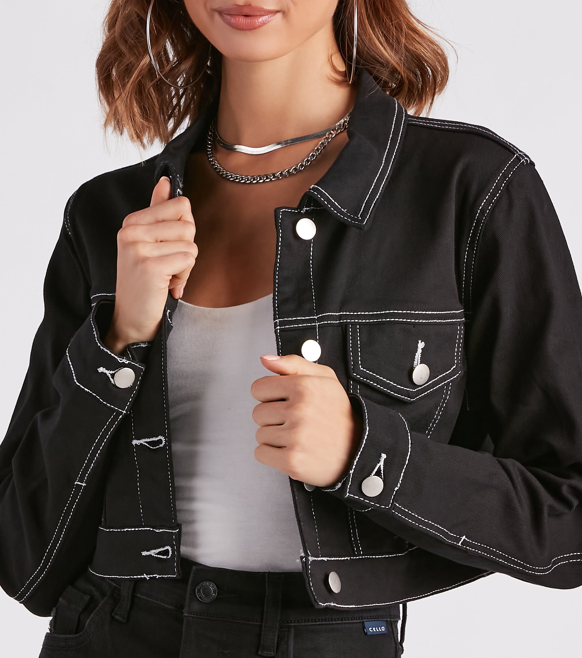 Make Way Contrast Stitch Crop Denim Jacket - Image 4