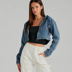 Laid Back Cool Denim Crop Hoodie