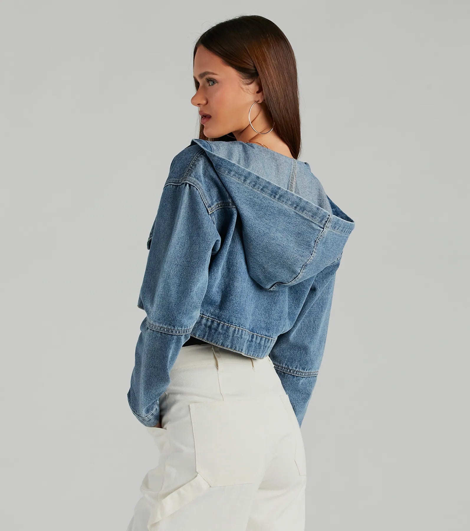 Laid Back Cool Denim Crop Hoodie - Image 2