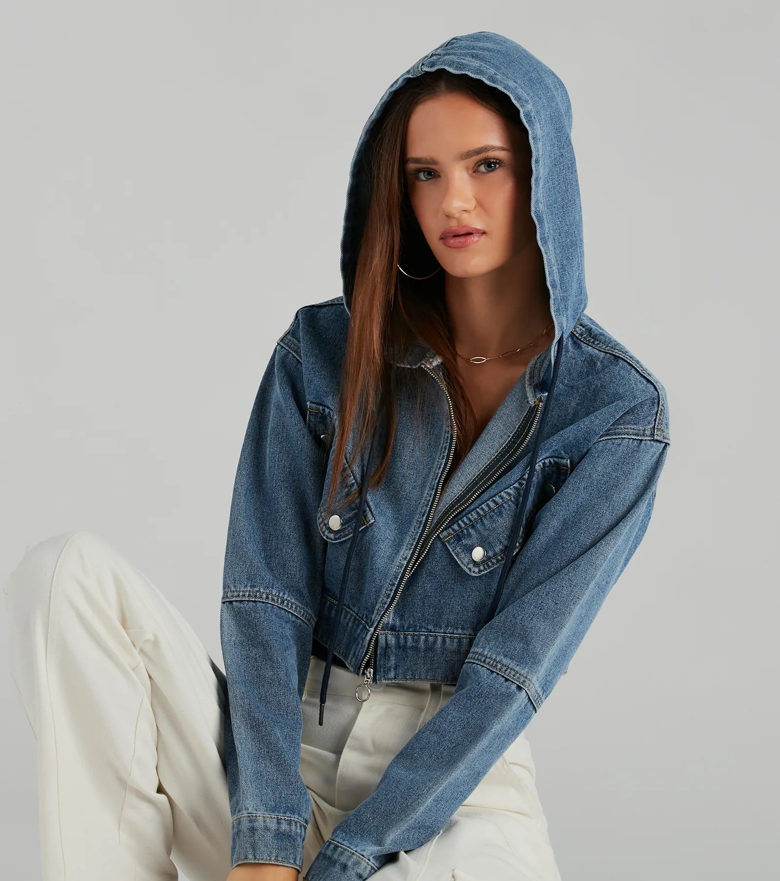 Laid Back Cool Denim Crop Hoodie - Image 4