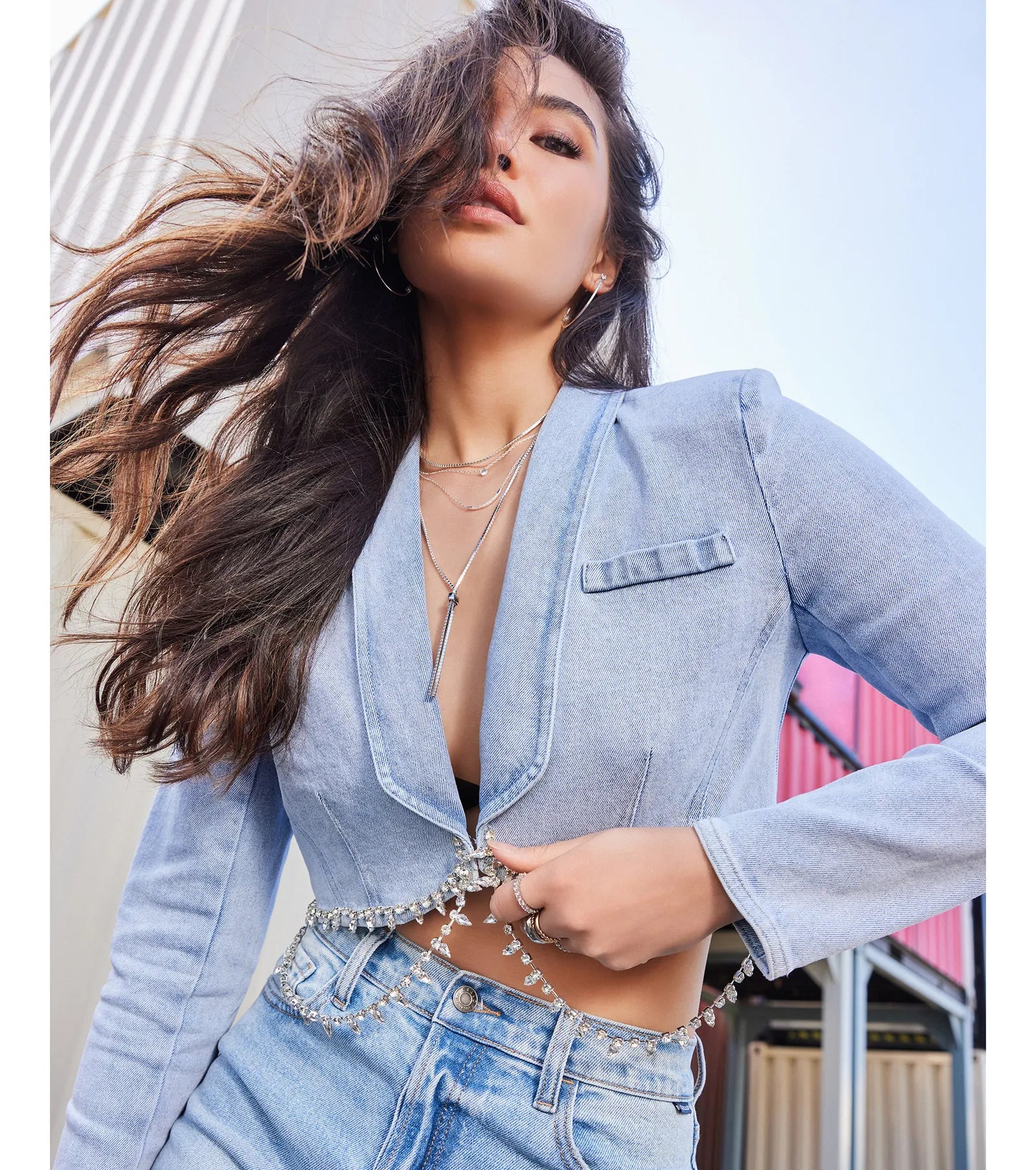 Oh So Icy Rhinestone Trim Crop Denim Blazer - Image 2