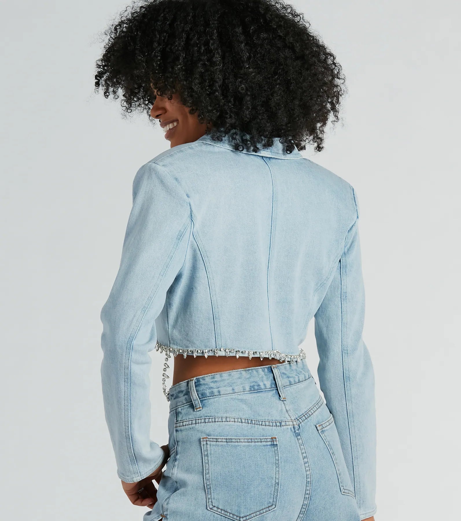 Oh So Icy Rhinestone Trim Crop Denim Blazer - Image 3