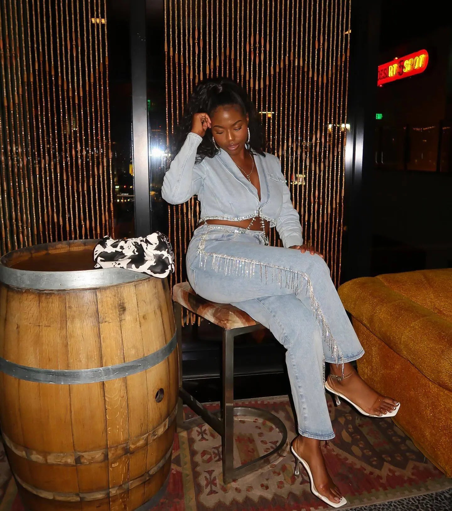 Oh So Icy Rhinestone Trim Crop Denim Blazer - Image 6