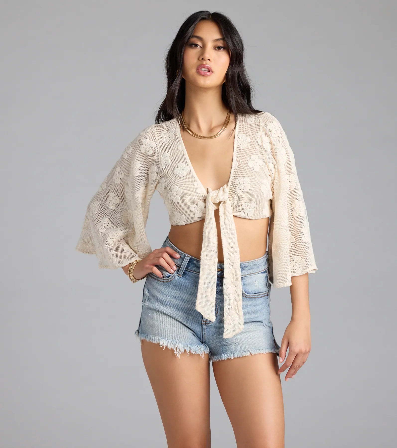 Want To Want Me Floral Crochet Tie Front Top