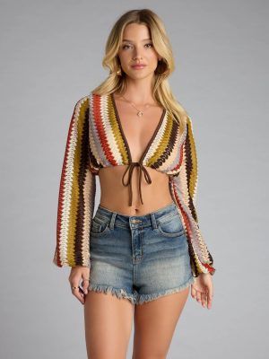Coastal Crush Striped Crochet Tie-Front Crop Top