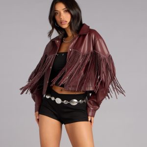 Cause A Scene Stud Fringe Faux Leather Shacket