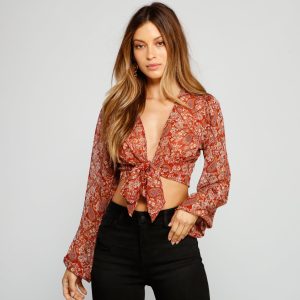 Retro Babe Chiffon Paisley Print Tie-Front Blouse