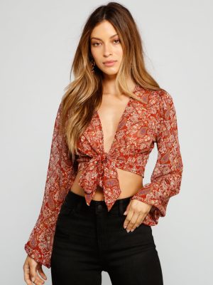 Retro Babe Chiffon Paisley Print Tie-Front Blouse
