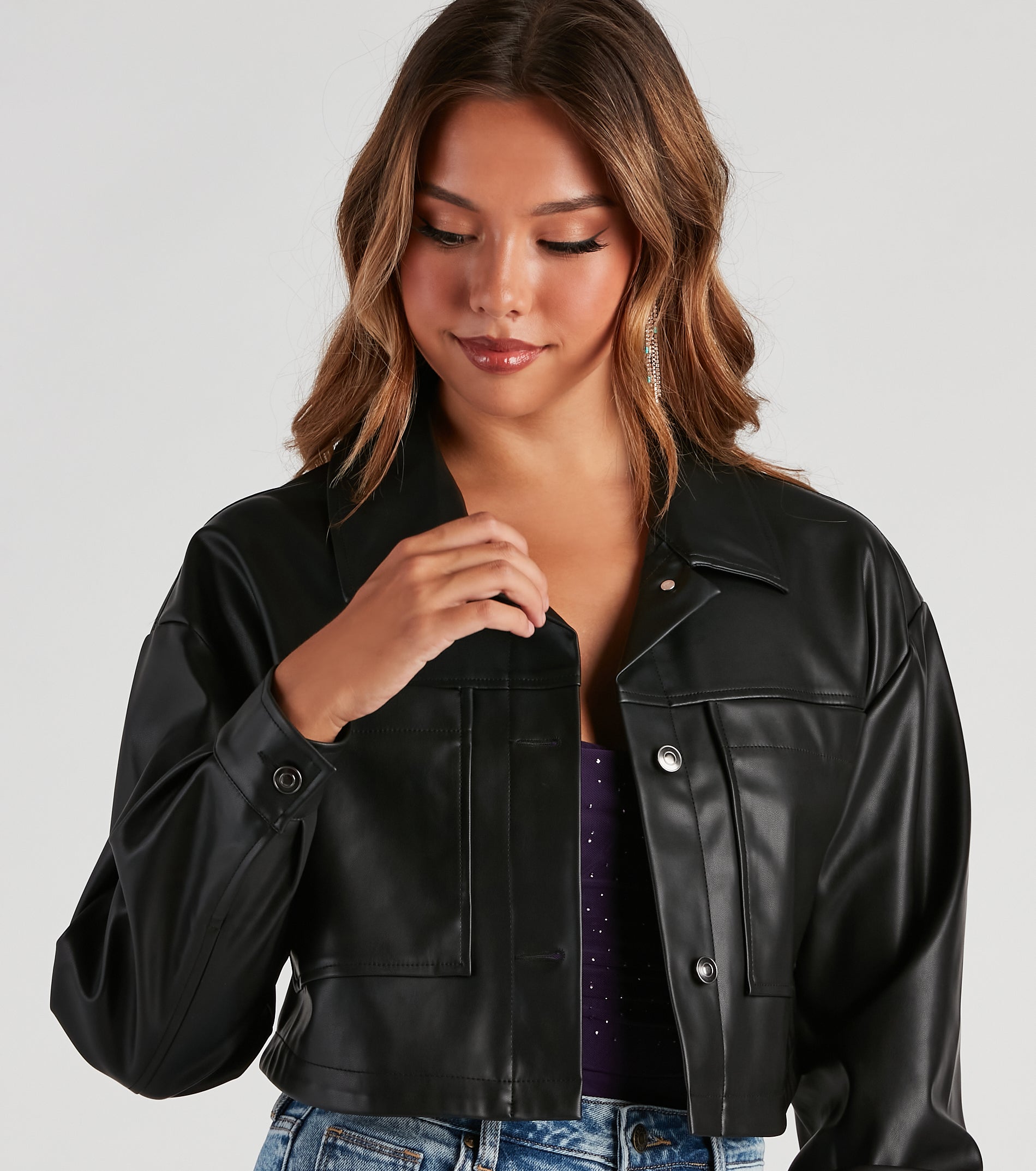 New Rule Faux Leather Crop Shacket - Image 4