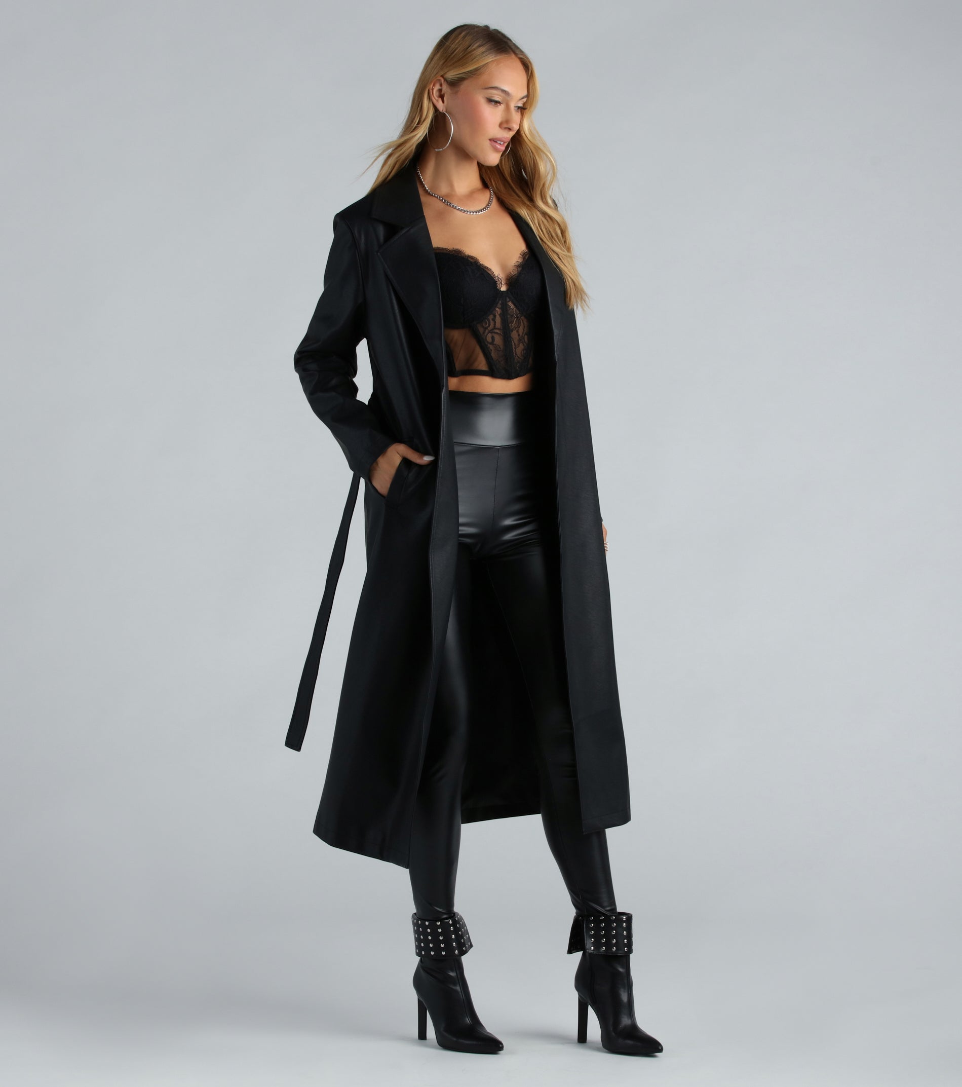 City Living Faux Leather Belted Trench Coat - Image 4