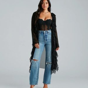 Mix And Mesh Chiffon Ruffle Long Duster