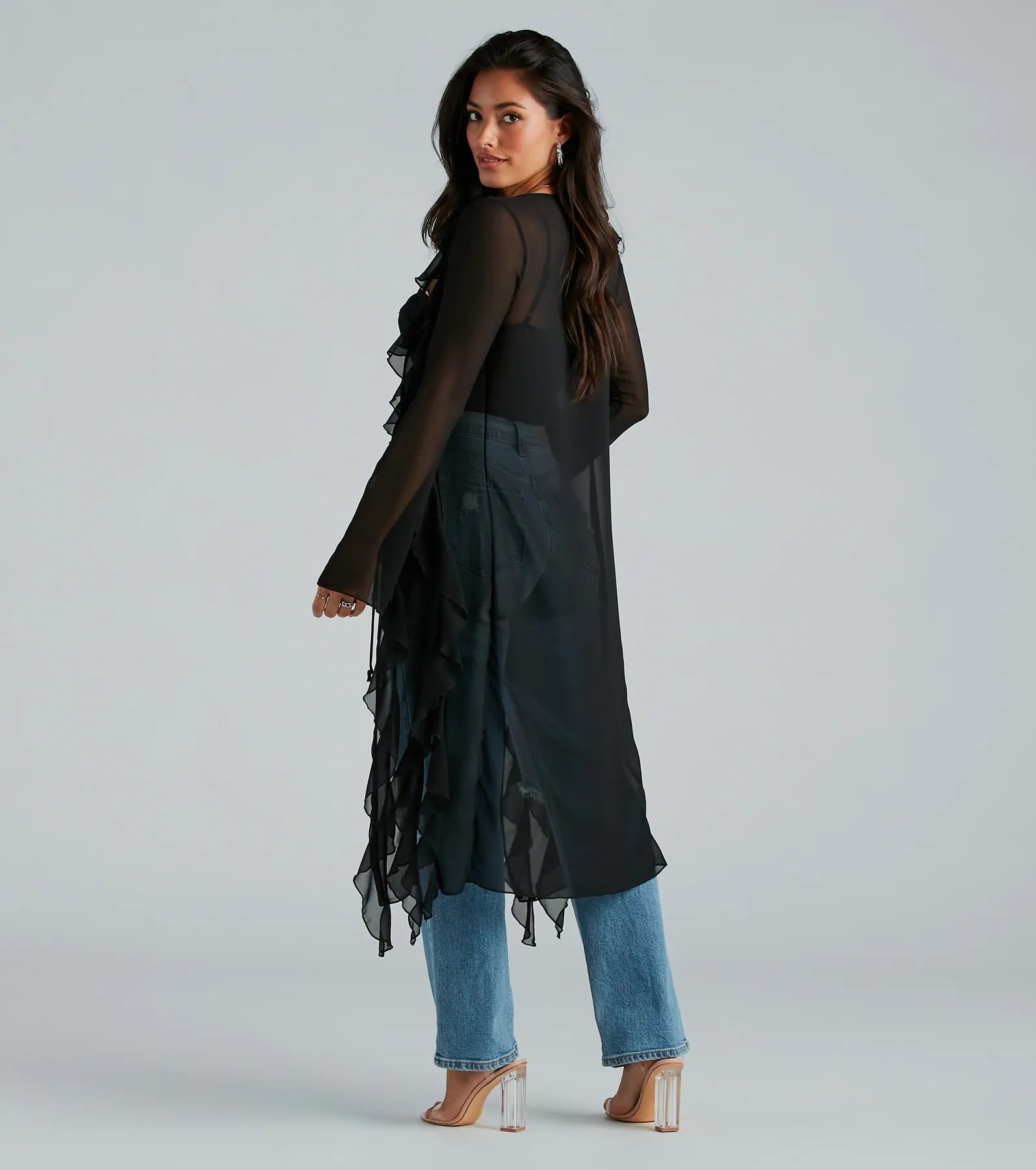Mix And Mesh Chiffon Ruffle Long Duster - Image 2