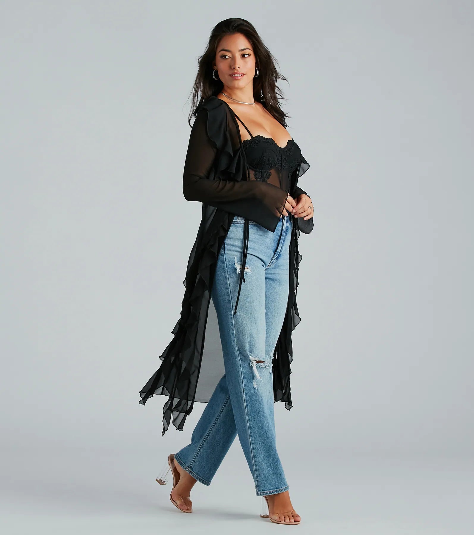 Mix And Mesh Chiffon Ruffle Long Duster - Image 3