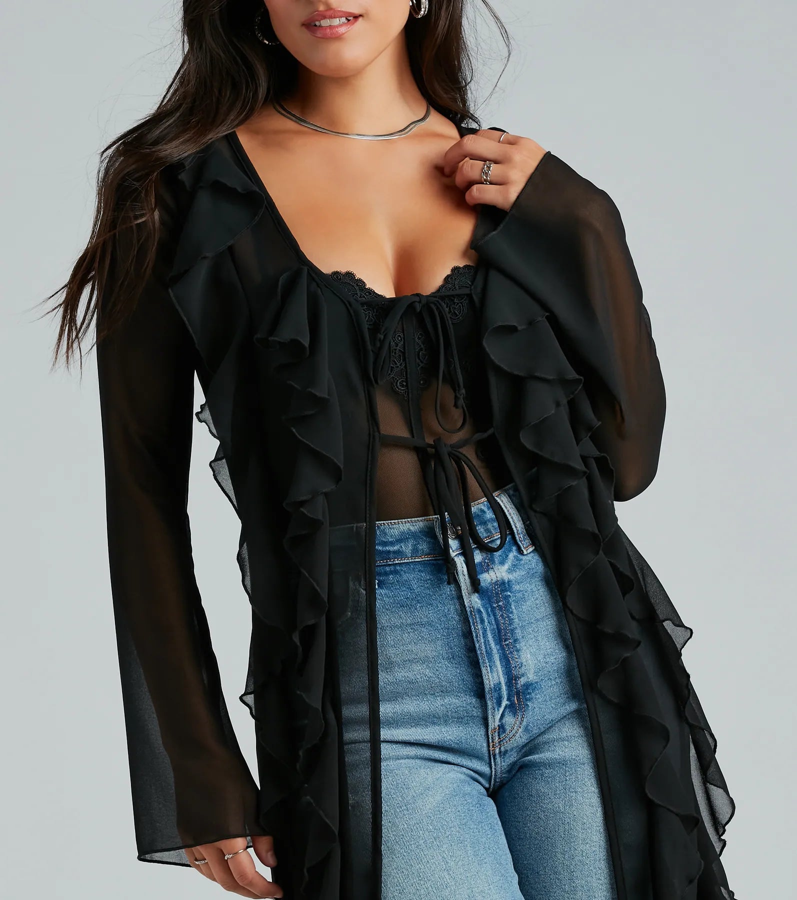Mix And Mesh Chiffon Ruffle Long Duster - Image 4