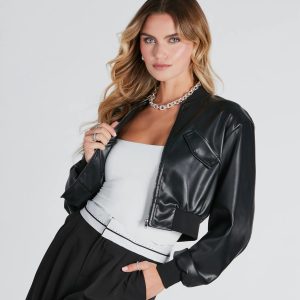 Cool Streets Faux Leather Crop Bomber Jacket