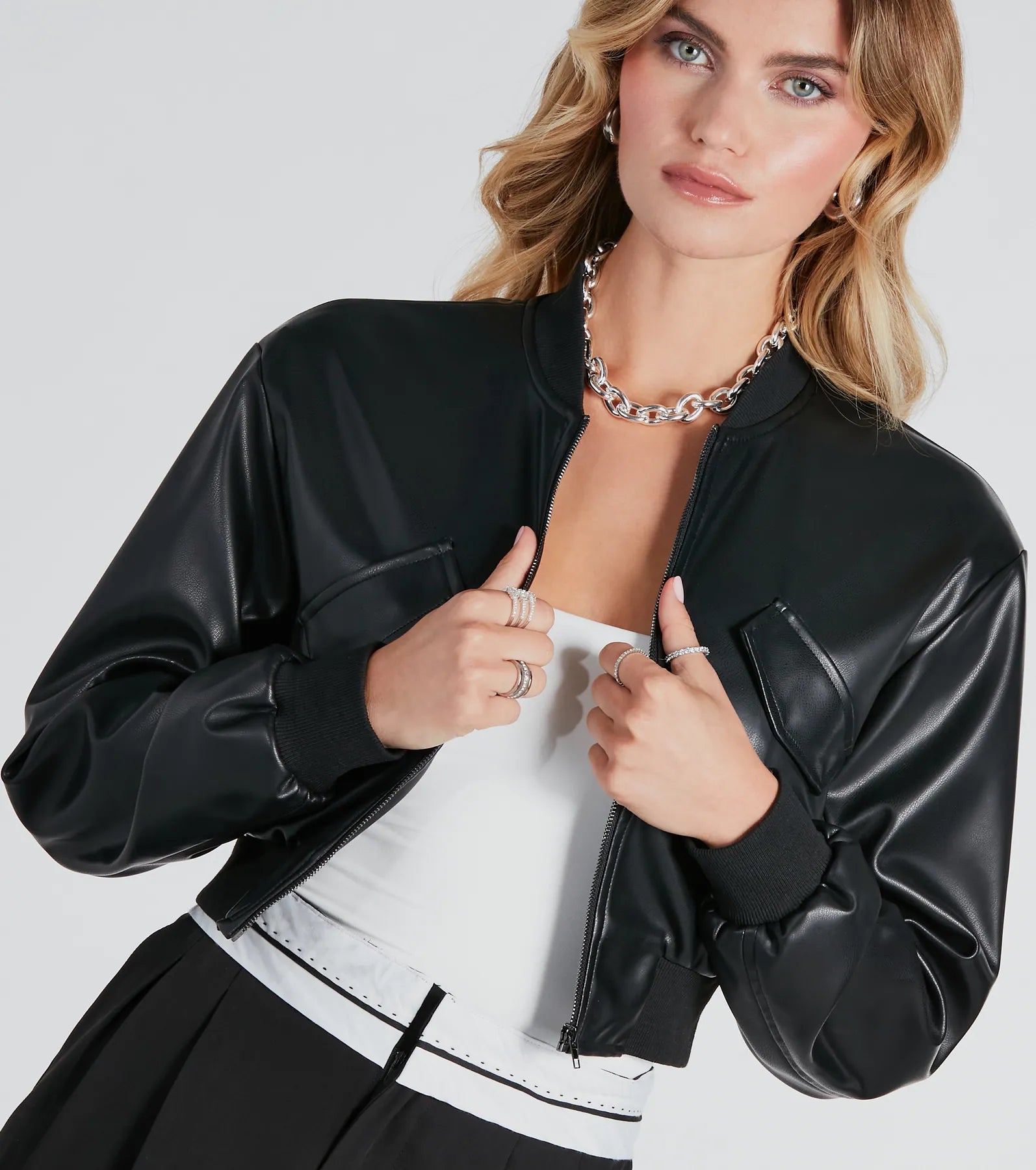 Cool Streets Faux Leather Crop Bomber Jacket - Image 3