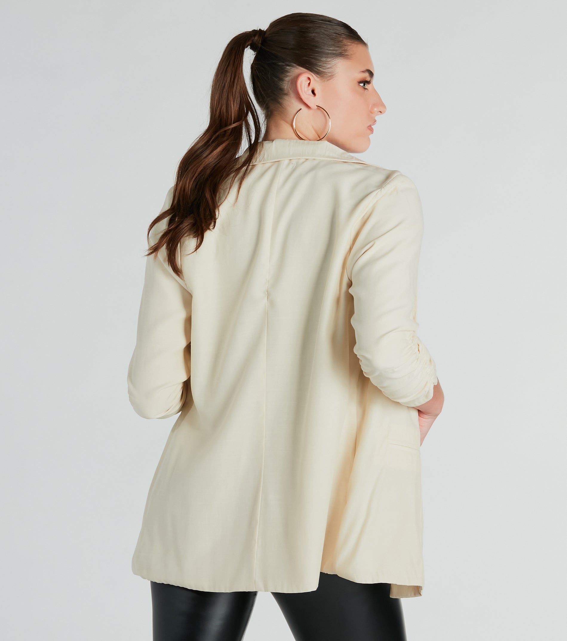 She's Chic Ruched-Sleeve Twill Blazer - Image 2