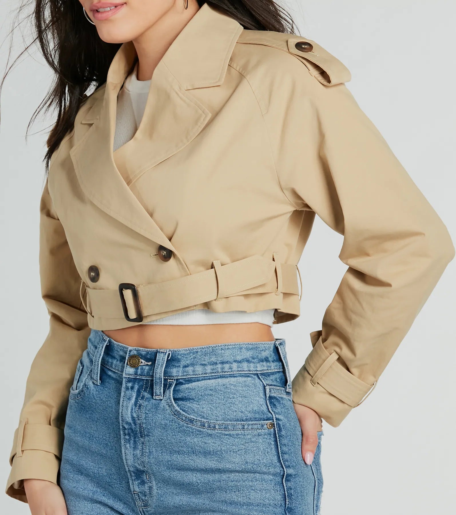 Eye For Style Twill Belted Crop Trench Coat - Image 4