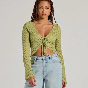 Cabana Honey Tie Front Crochet Crop Sweater