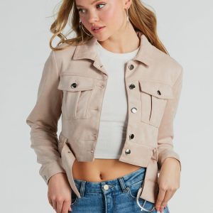 Layer On Iconic Belted Crop Faux Suede Moto Jacket