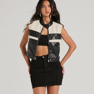 Meet The Crew Contrast Moto Faux Leather Vest