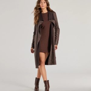 Chic Impression Faux Suede Belted Trench Coat