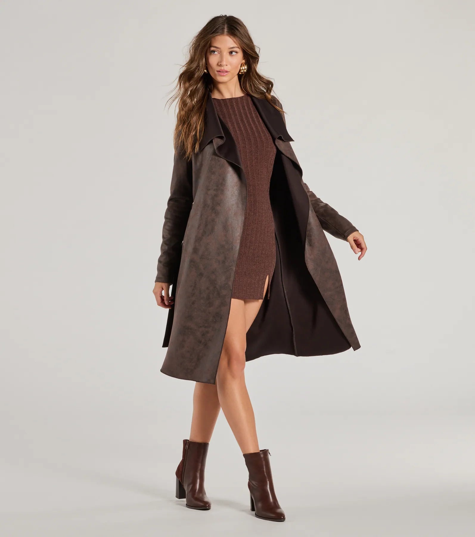 Chic Impression Faux Suede Belted Trench Coat - Image 4