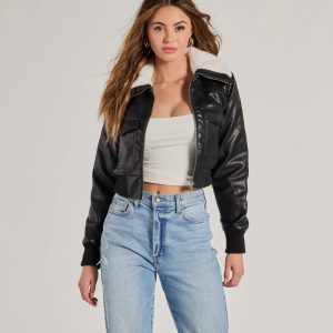 Chic Sherpa Collared Faux Leather Bomber Jacket