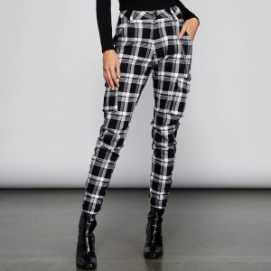 High Waist Plaid Joggers With Chain